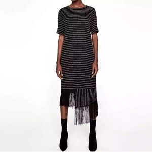 ZARA Trafaluc Asymmetric Knit Fringe Striped Midi Tee Dress Size Small